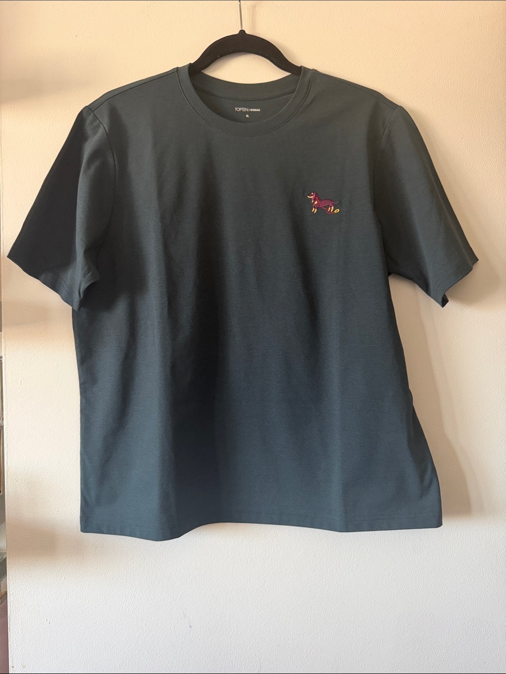 Top Ten|Blue Green Crew Neck Tee w/ Small Embroidered dog|XL|NWT Korean Fashion